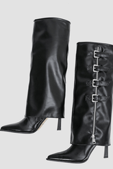 Buckle Detail Fold Over Knee-High High Heeled Boots - Black